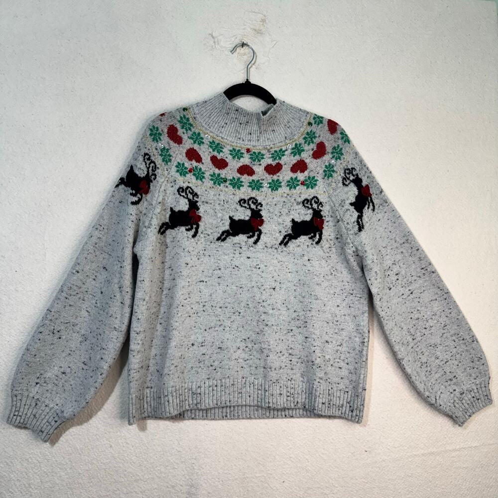 33 Degrees Holiday Reindeer & Heart Gray Speckled Knit Christmas Sweater Large